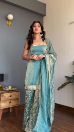 Sky Color Fendi Silk Fabric Thread With Sequence Work Palazzo Suit