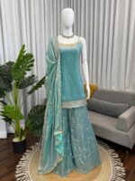 Sky Color Fendi Silk Fabric Thread With Sequence Work Palazzo Suit