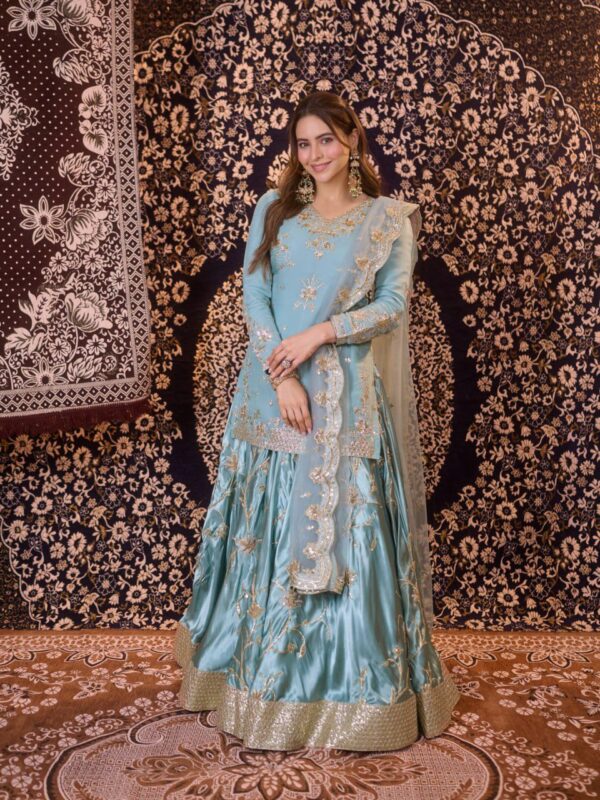 Sky Color Japan Satin Fabric Thread With Sequence Work Top Lehenga Set