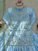 Sky Color Japan Satin Fabric Thread With Sequence Work Top Lehenga Set