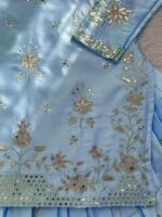 Sky Color Japan Satin Fabric Thread With Sequence Work Top Lehenga Set