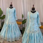 Sky Color Japan Satin Fabric Thread With Sequence Work Top Lehenga Set