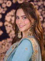 Sky Color Japan Satin Fabric Thread With Sequence Work Top Lehenga Set