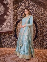 Sky Color Japan Satin Fabric Thread With Sequence Work Top Lehenga Set
