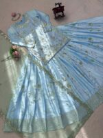 Sky Color Japan Satin Fabric Thread With Sequence Work Top Lehenga Set