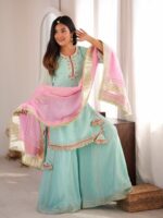 Sky Color Organza Silk Fabric Sequence Jari Embroidery Work Sharara Suit