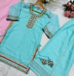 Sky Color Organza Silk Fabric Sequence Jari Embroidery Work Sharara Suit