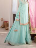 Sky Color Organza Silk Fabric Sequence Jari Embroidery Work Sharara Suit