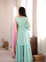 Sky Color Organza Silk Fabric Sequence Jari Embroidery Work Sharara Suit