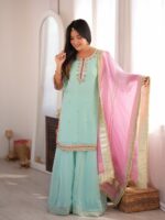 Sky Color Organza Silk Fabric Sequence Jari Embroidery Work Sharara Suit
