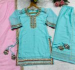 Sky Color Organza Silk Fabric Sequence Jari Embroidery Work Sharara Suit