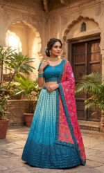 Teal Blue Color Chinon Silk Fabric Sequence With Thread Work Lehenga