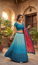 Teal Blue Color Chinon Silk Fabric Sequence With Thread Work Lehenga