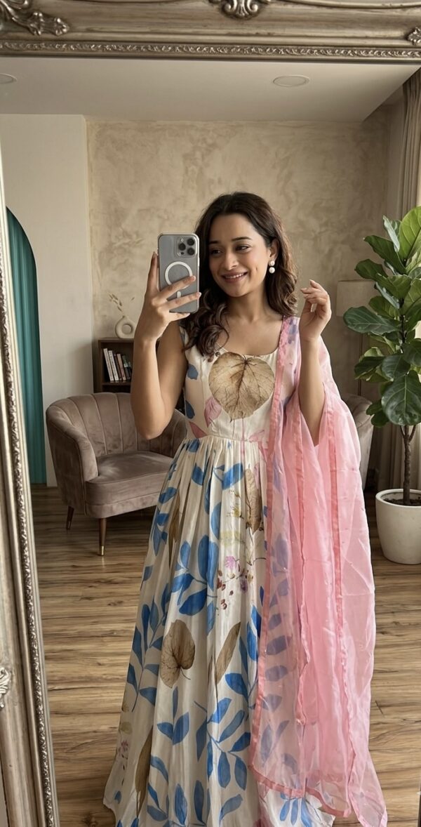 White Color Dola Silk Fabric With Digital Print Work Gown