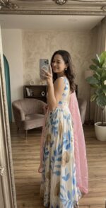 White Color Dola Silk Fabric With Digital Print Work Gown