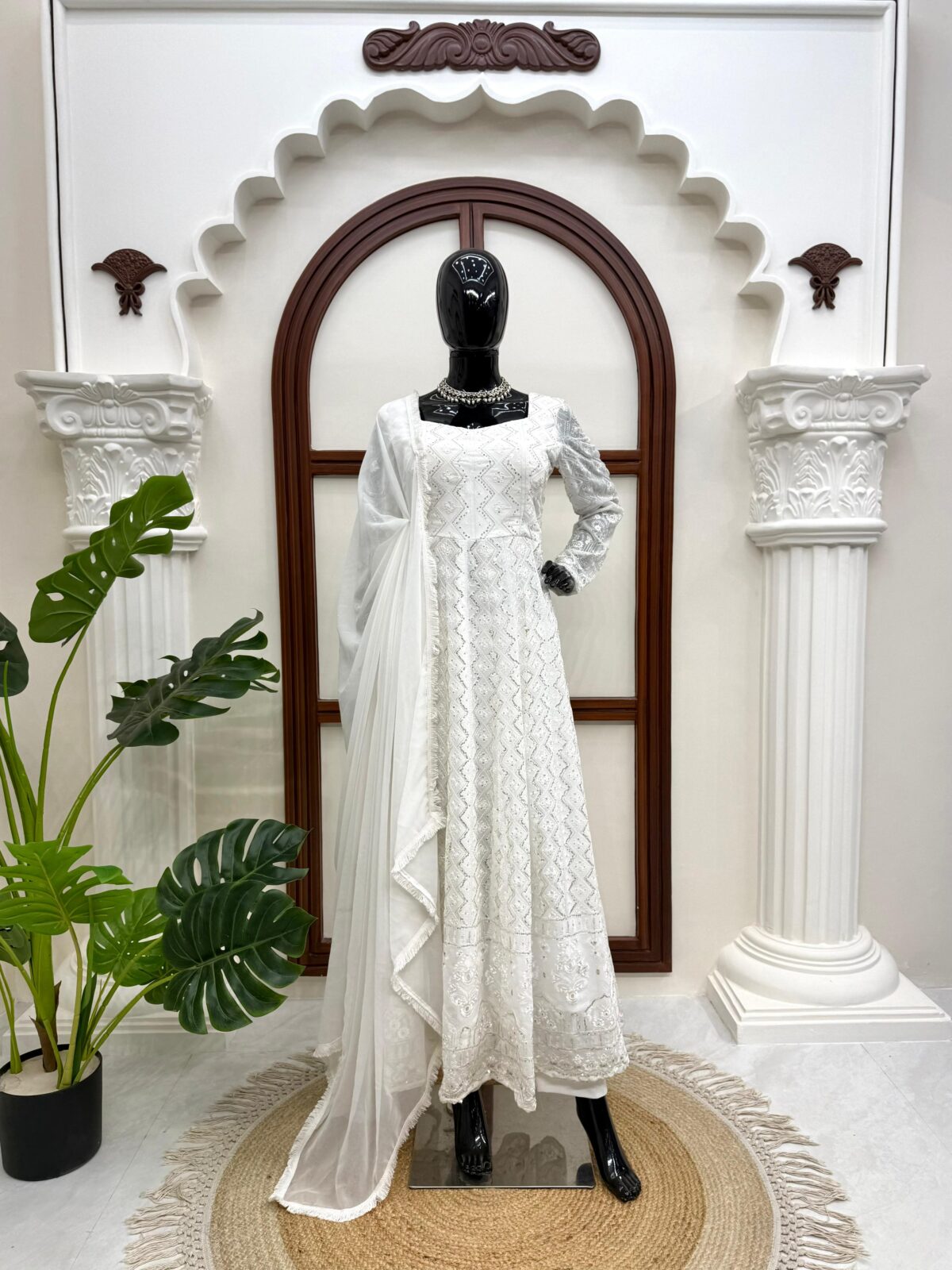 White Color Faux Georgette Fabric Thread With Sequence Work Gown