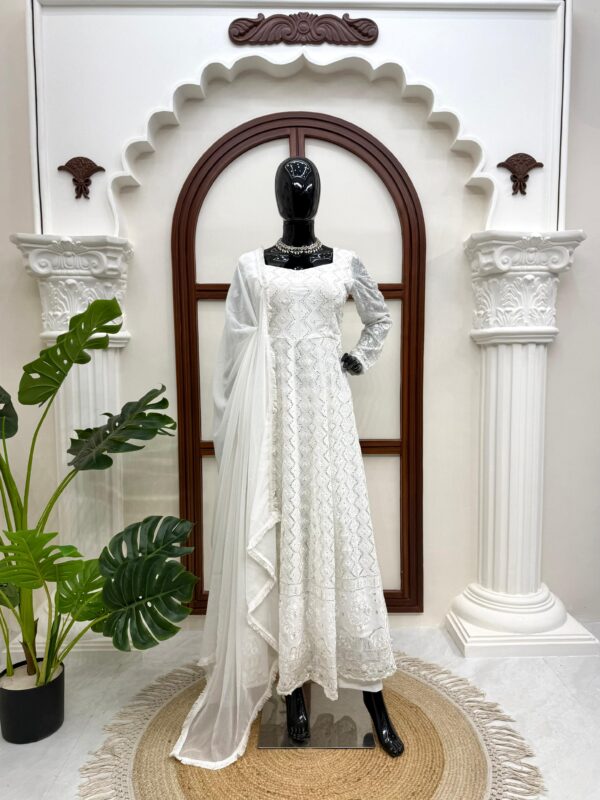 White Color Faux Georgette Fabric Thread With Sequence Work Gown