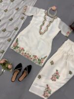 White Color Fendi Silk Fabric Thread Work Farshi Style Palazzo Suit