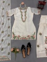 White Color Fendi Silk Fabric Thread Work Farshi Style Palazzo Suit
