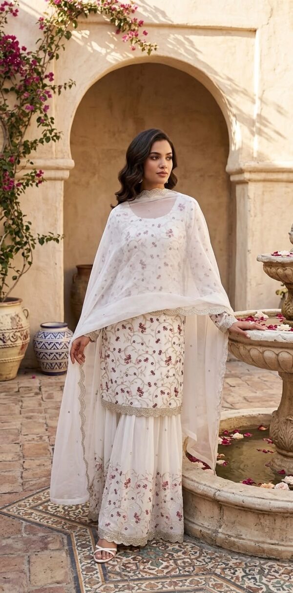 White Color Georgette Fabric Jari With Sequence Work Sharara Set