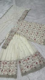 White Color Georgette Fabric Jari With Sequence Work Sharara Set