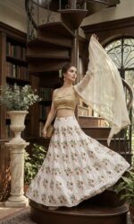 White Color Tapeta Silk Fabric Digital Print Work Lehenga