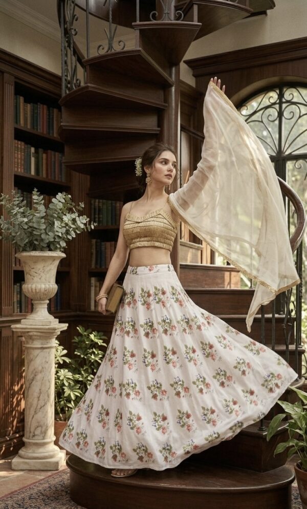 White Color Tapeta Silk Fabric Digital Print Work Lehenga