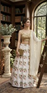 White Color Tapeta Silk Fabric Digital Print Work Lehenga