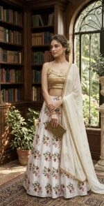 White Color Tapeta Silk Fabric Digital Print Work Lehenga