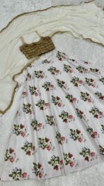 White Color Tapeta Silk Fabric Digital Print Work Lehenga