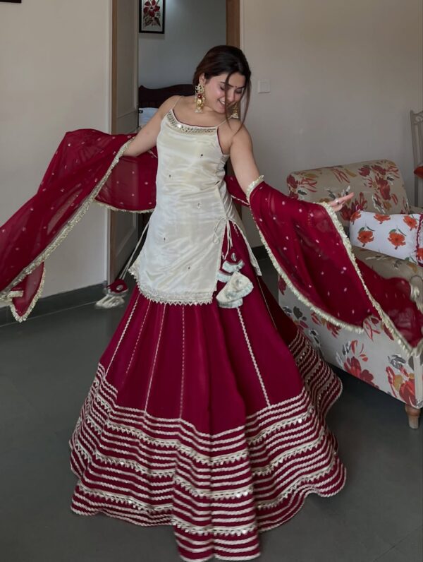 White Color Vichitra Silk Fabric Sequence Jari Embroidery Work Top Lehenga