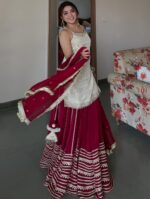 White Color Vichitra Silk Fabric Sequence Jari Embroidery Work Top Lehenga
