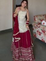White Color Vichitra Silk Fabric Sequence Jari Embroidery Work Top Lehenga