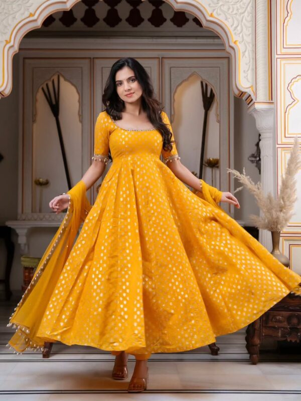 Yellow Color Chanderi Jacquard Fabric Real Mirror Work Anarkali Suit