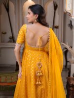 Yellow Color Chanderi Jacquard Fabric Real Mirror Work Anarkali Suit