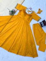 Yellow Color Chanderi Jacquard Fabric Real Mirror Work Anarkali Suit