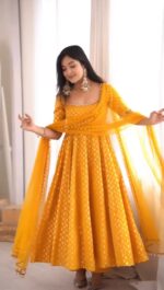 Yellow Color Chanderi Jacquard Fabric Real Mirror Work Anarkali Suit