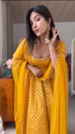 Yellow Color Chanderi Jacquard Fabric Real Mirror Work Anarkali Suit