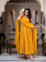Yellow Color Chanderi Jacquard Fabric Real Mirror Work Anarkali Suit