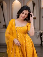 Yellow Color Chanderi Jacquard Fabric Real Mirror Work Anarkali Suit