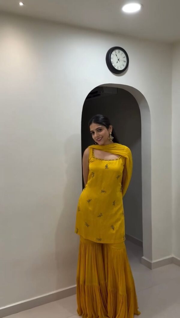 Yellow Color Chinon Silk Fabric Thread Work Sharara Set