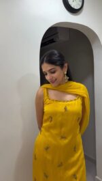 Yellow Color Chinon Silk Fabric Thread Work Sharara Set
