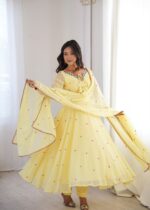 Yellow Color Faux Georgette Fabric Embroidery Thread Work Anarkali Suit