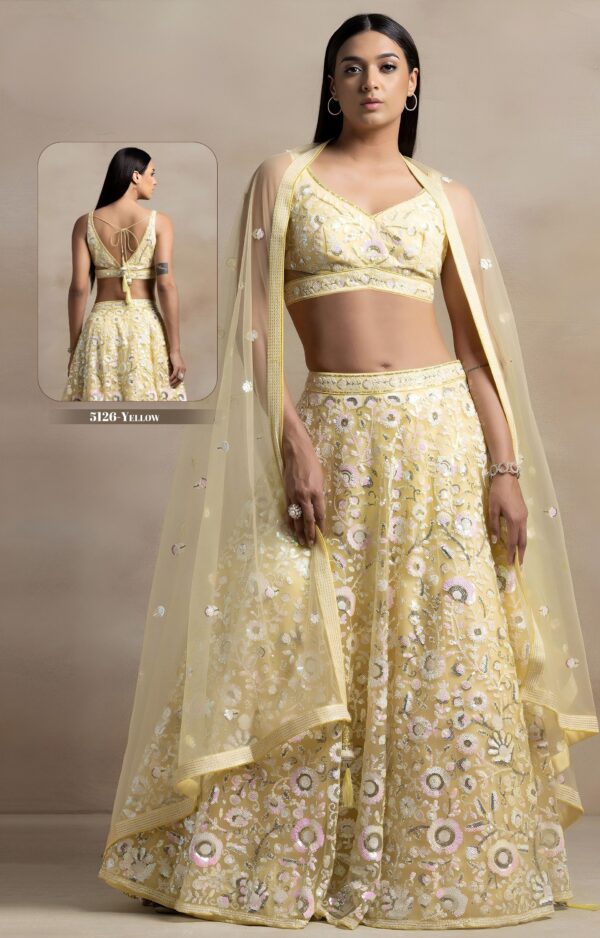 Yellow Color Soft Net Fabric Thread With Multiple Sequence Work Lehenga
