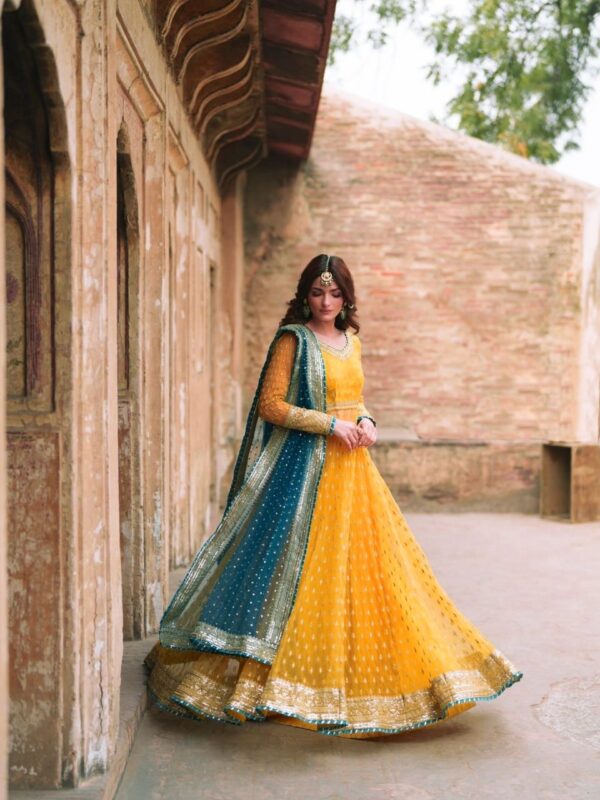 Yellow Color Soft Net Fabric Thread With Sequence Work Lehenga Gown