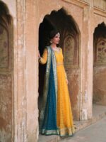 Yellow Color Soft Net Fabric Thread With Sequence Work Lehenga Gown