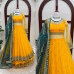 Yellow Color Soft Net Fabric Thread With Sequence Work Lehenga Gown