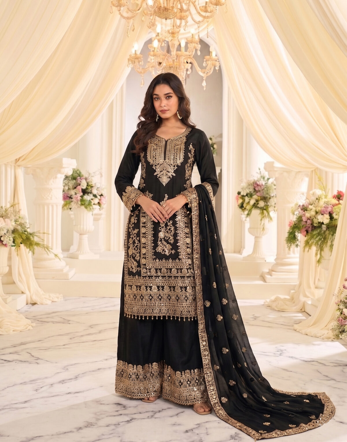 Black Color Chinon Fabric Sequence Embroidery Work Sharara Suit