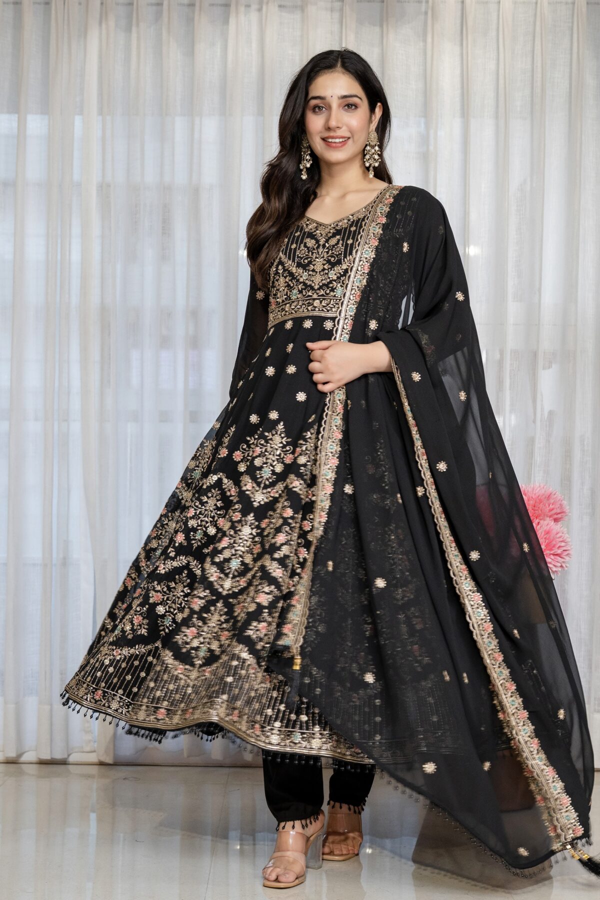 Black Color Faux Blooming Fabric Sequence With Jari Thread Work Anarkali Suit