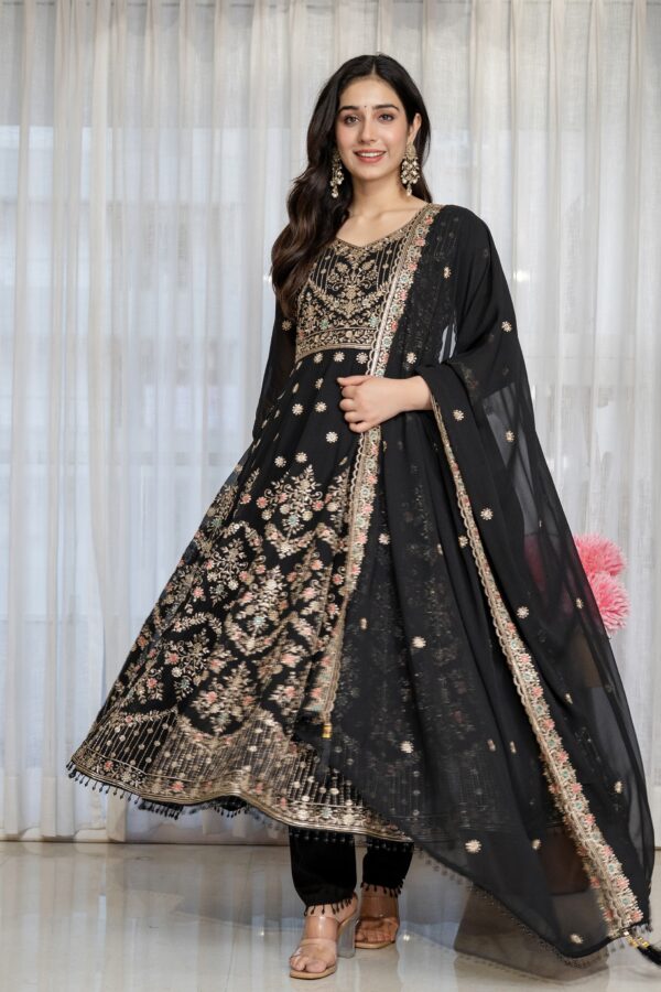 Black Color Faux Blooming Fabric Sequence With Jari Thread Work Anarkali Suit